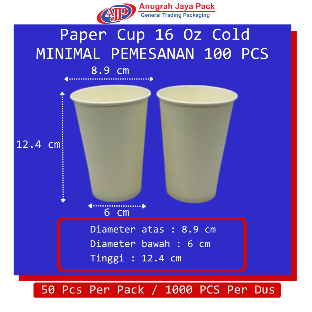 Paper Cup 16 Oz Cold Polos / Gelas Kertas Minuman Dingin 16 Oz