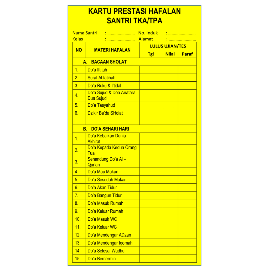 

KARTU HAFALAN SANTRI TPQ / TPA / RTQ /MADIN