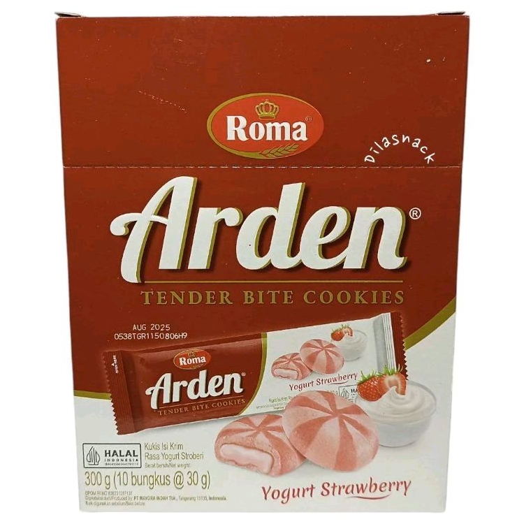 

Biskuat Roma Ardern baru rasa yogury strawberry 1 box isi 10 kukis isi krim Arden stroberi