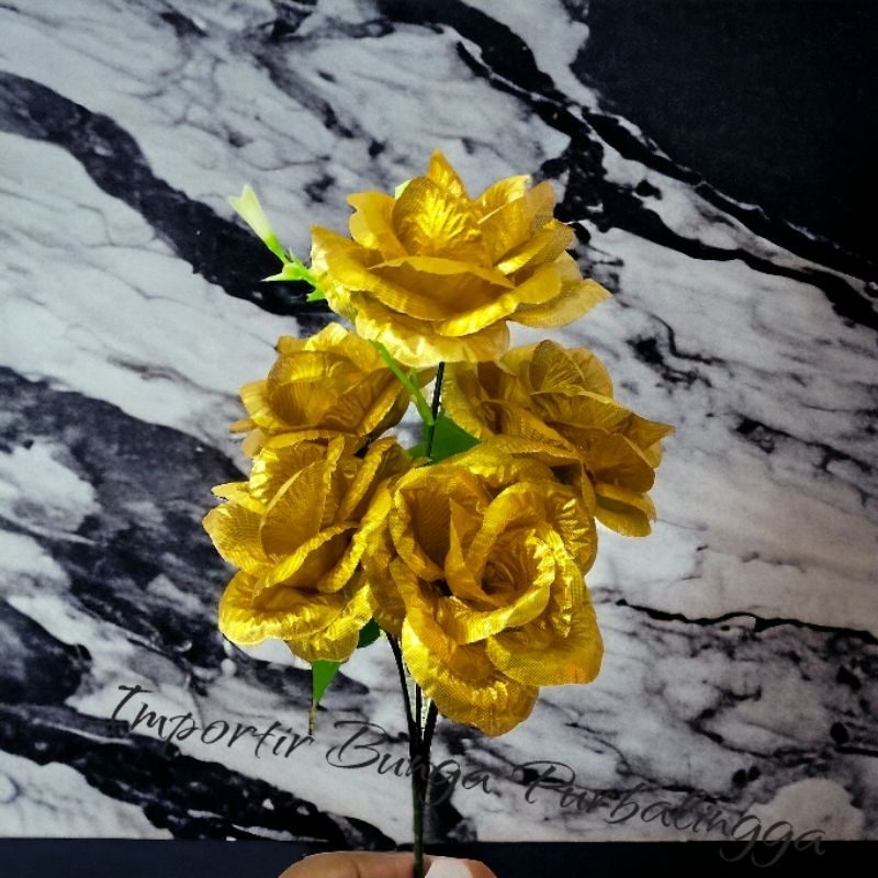 mawar mekar gold, artificial flower x5