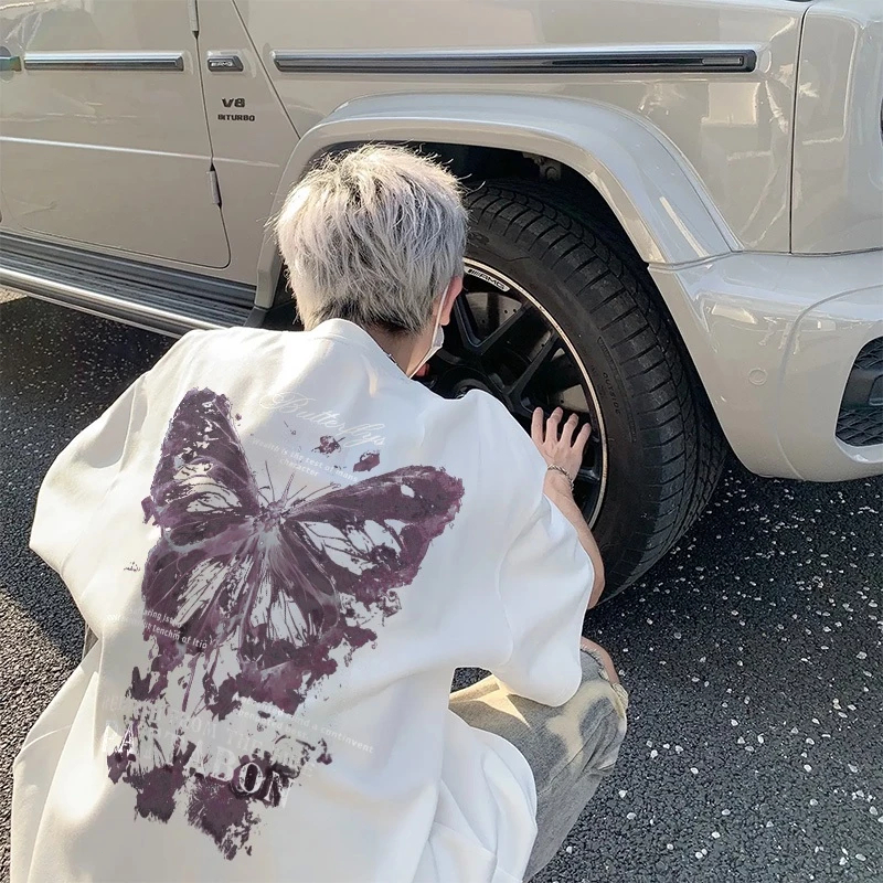 HIGH RAIN  baju pria oversize  Kaos Pria American retro butterfly letters purple Baju Distro Origina