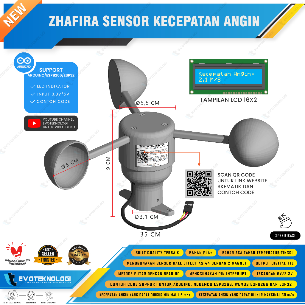Evoteknologi Sensor kecepatan angin Anemometer Wind Speed Support Arduino