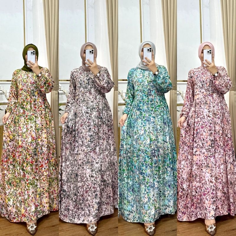 Gamis Rayon Premium Motif Abstrak/Dress rayon terbaru motif bunga