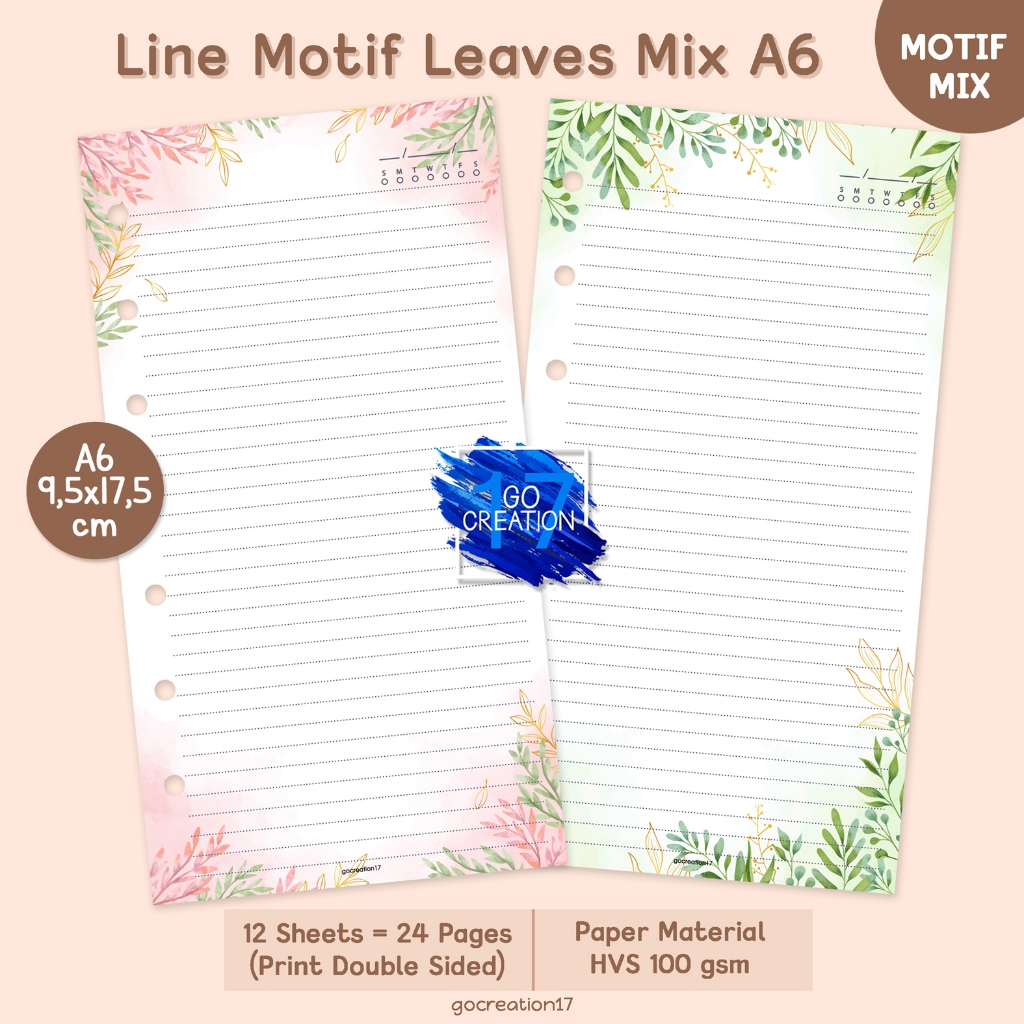 

Buku Planner Refill Kertas Binder Line Note Garis Leaves Motif Premium A6