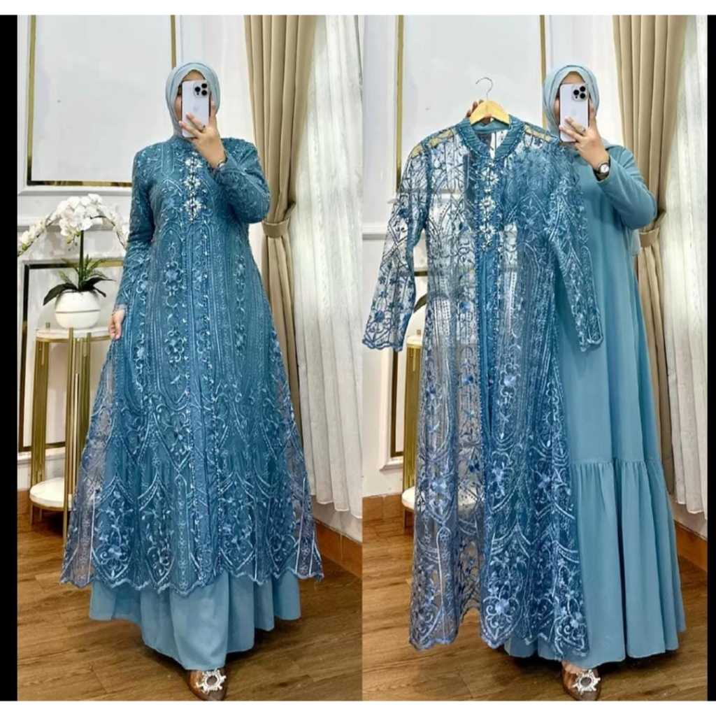 Kanaya Gamis Kondangan Ceruty Mix Brokat-Gamis Brukat Set Inner Outer 2 Layer Terbaru-Dress Brukat