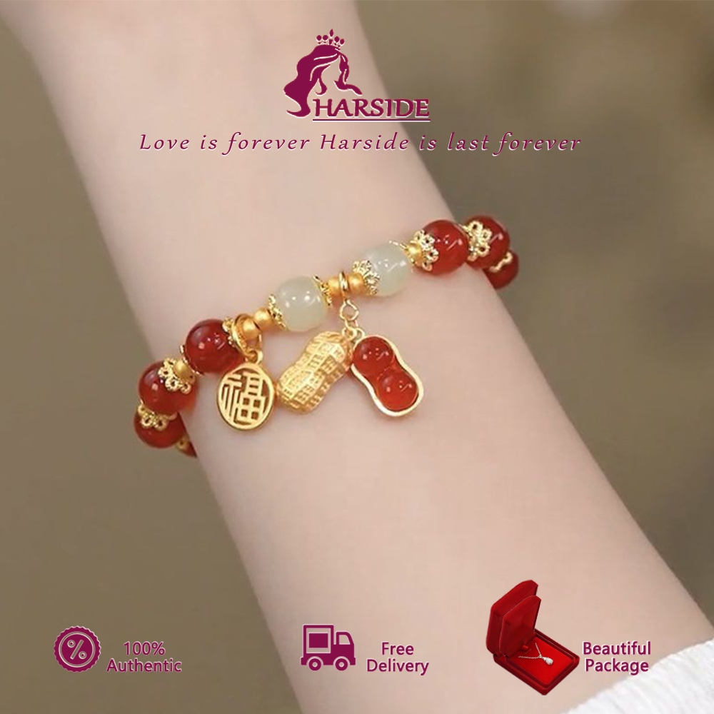 HARSIDE Gelang Giok Asli Batu Kacang Titanium/Gelang Giok Kacang Wanita Berlapis Emas 18K Anti