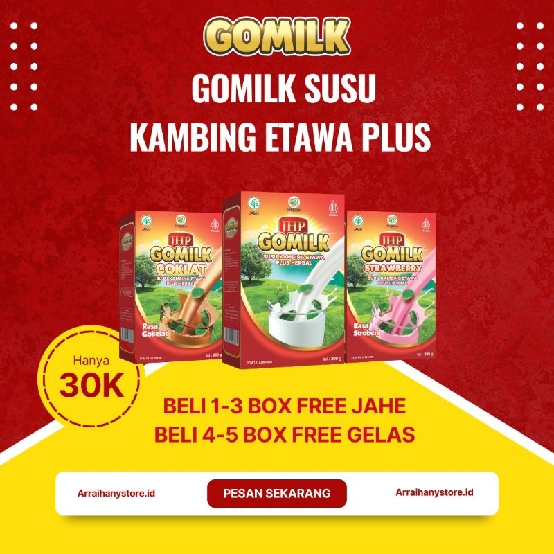 

[BELI 1-3 BOX BONUS JAHE] [ BELI 4-5 BOX BONUS GELAS] Gomilk Susu Kambing Etawa plus Herbal 200Gram | Susu Kambing Etawa Bubuk Gomilk Penambah nafsu makan