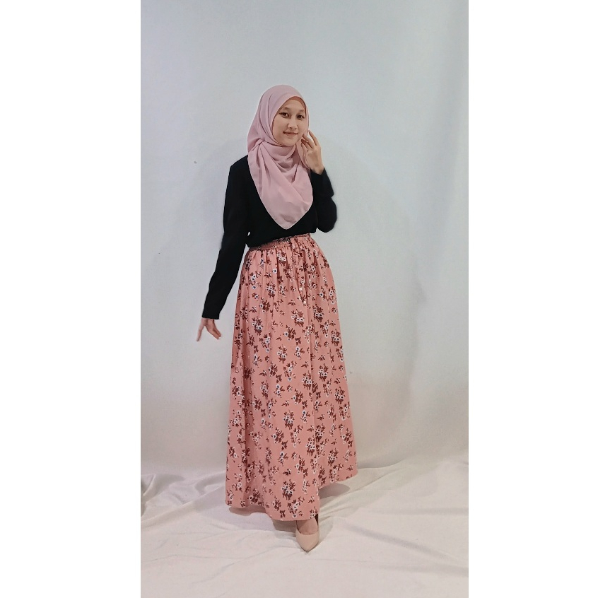 Rok panjang Aline cantik simple elegan motif bunga warna pink