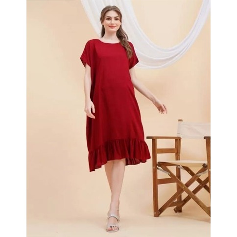 MIDI DRESS LENGAN PENDEK REMPEL WANITA MOTIF POLOS