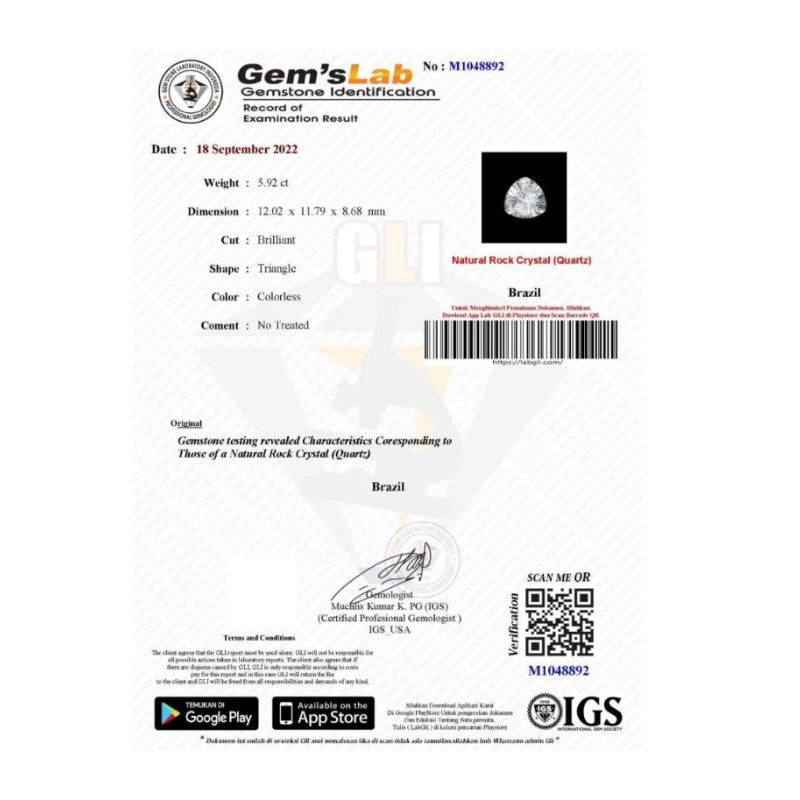 Natural Batu Permata Rock Crystal Quartz + Sertifikat GLI