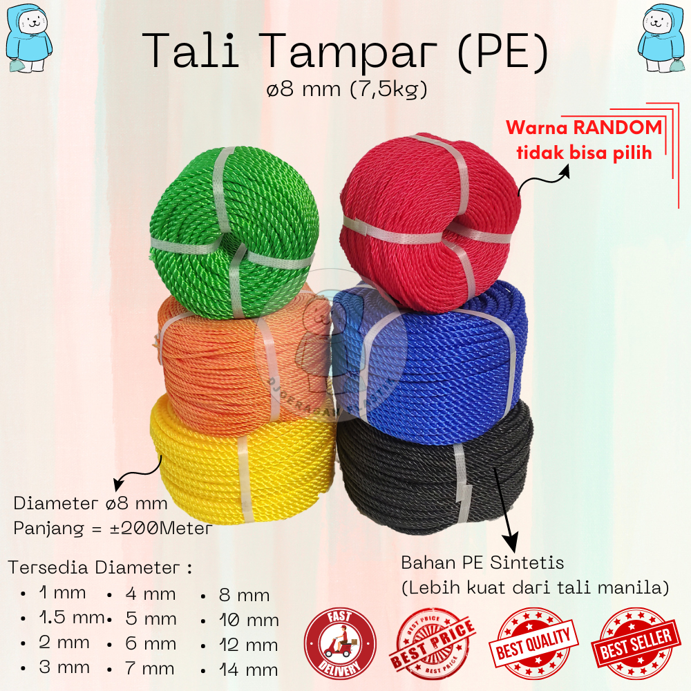 

[8mm x 200Meter] Tali Tambang Tampar Nilon Nylon Manila PE Warna | Layangan | Pertanian | Jemuran | Seagull | Sea Gull | Koala | Puso | Wahoo