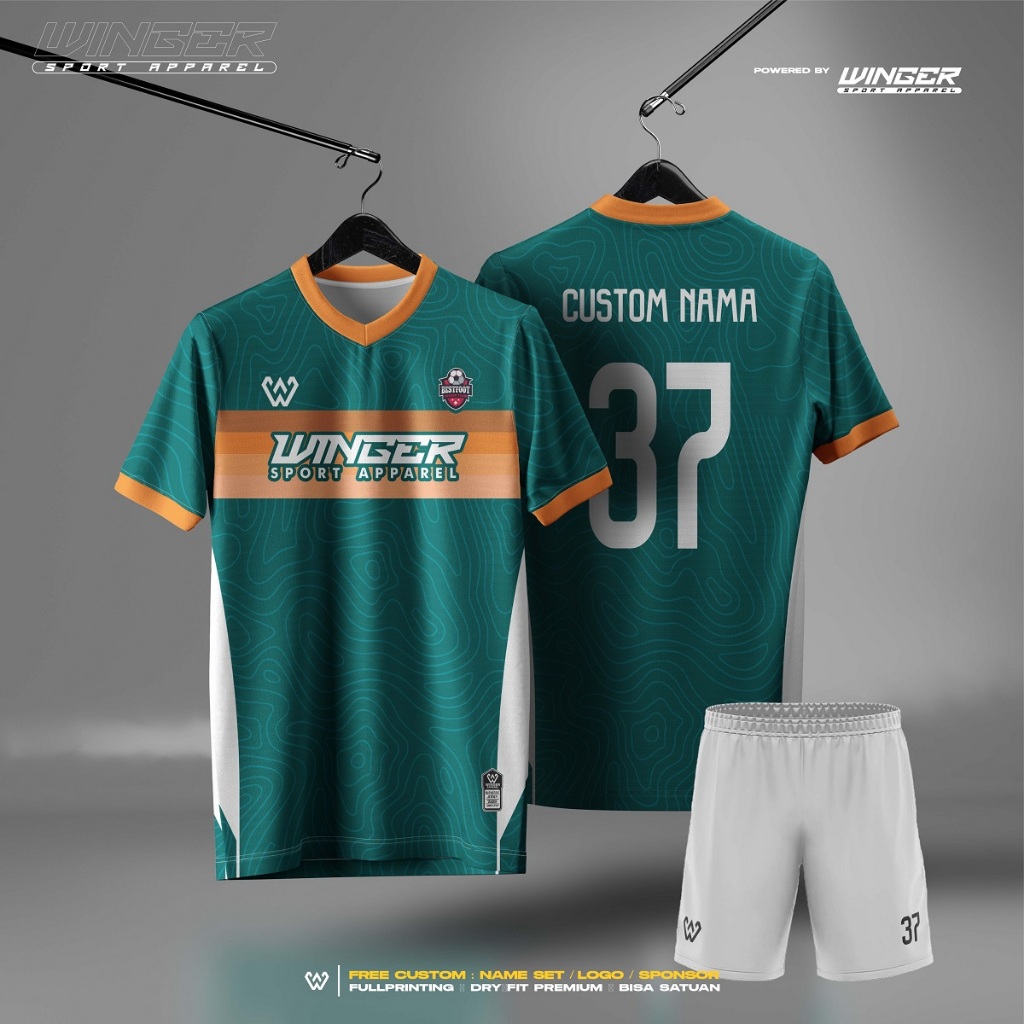 Jersey Bola Futsal Volly Badminton Emerald And Orange Full Printing Custom F60 Baju Olahraga Pria By