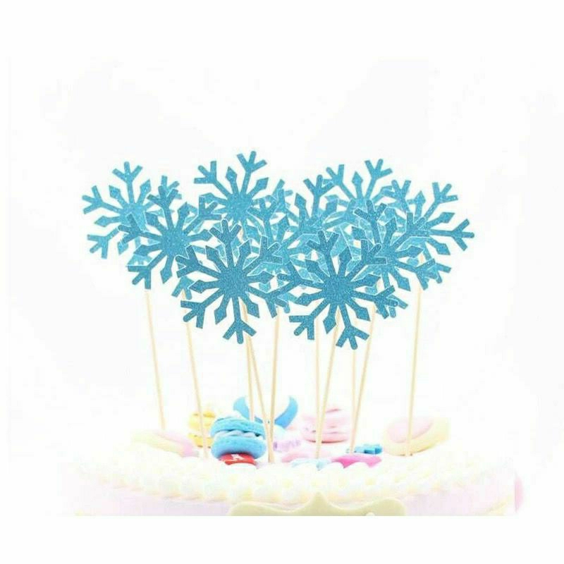 Cake topper karakter salju gliter glitter biru silver perak blue tema princess snow flake snowflake 