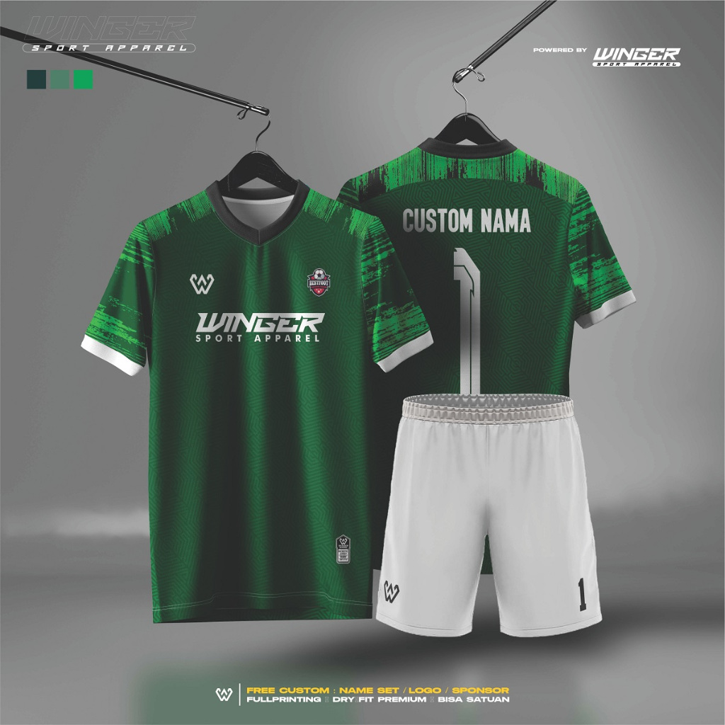 Jersey Futsal Custom Motif Hijau Lengan Loreng Full Printing Free Name Set By Winger Apparel