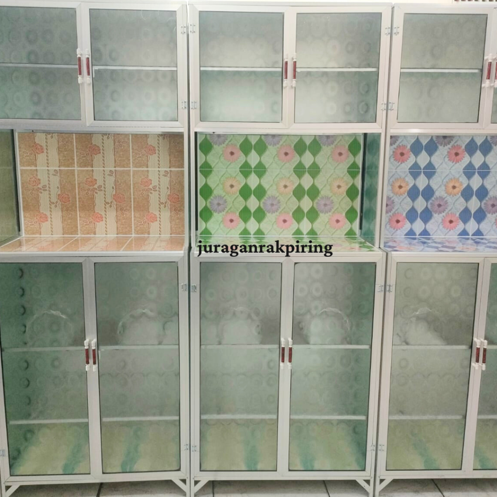 Rak Piring Aluminium 2Pintu Mini Full Keramik Rak Dapur Keramik Kaca Lemari Piring Aluminium