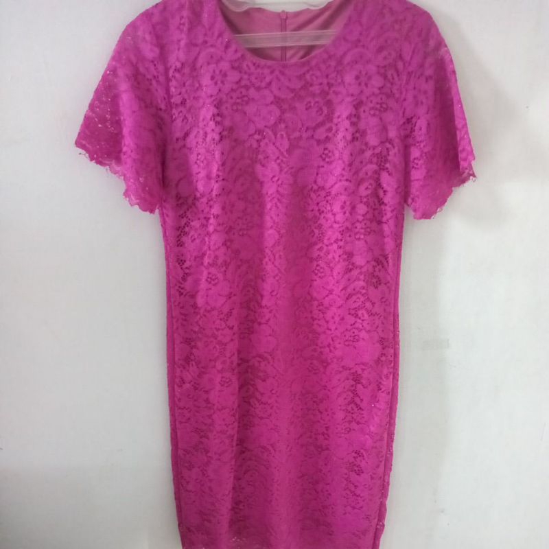 dress brokat wanita dewasa preloved warna pink fanta