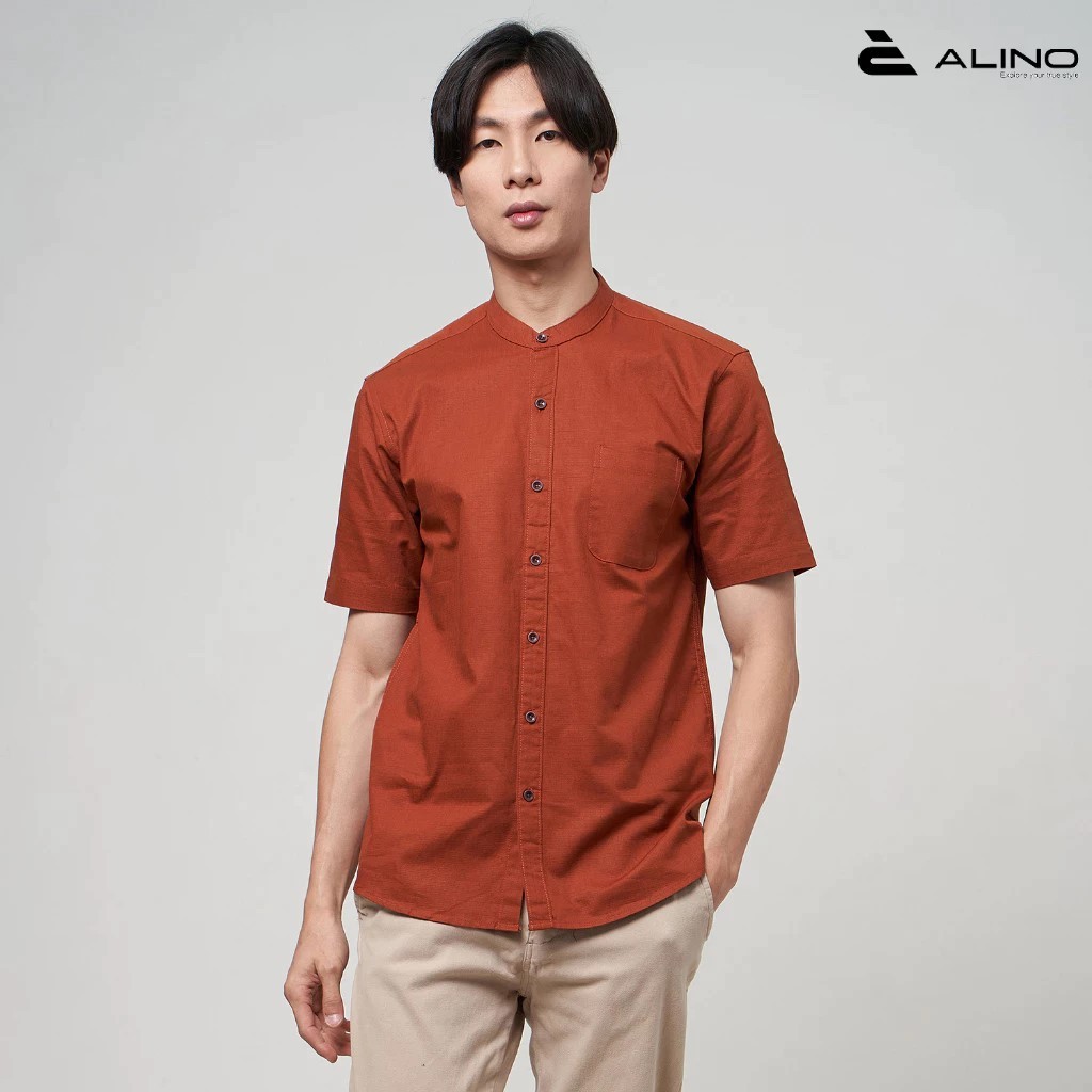 ANOALI Kemeja Pria Sanghai Polos Pendek Terakota