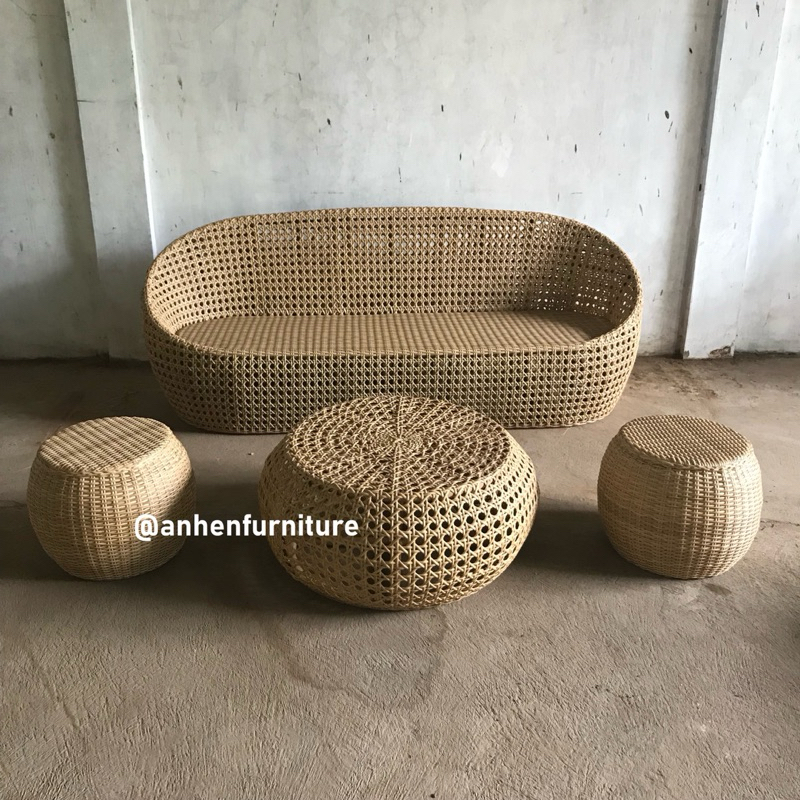 Set Sofa Oval Rotan Sintetis / Stool Rotan Sintetis / Meja Coffee Rotan Sintetis