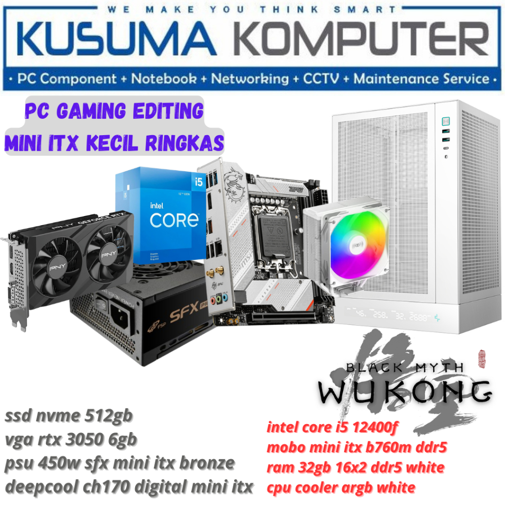 PC Rakitan Gaming Mini iTX intel Core i5 12400F RTX 3050 32GB RAM 512GB NVME SSD