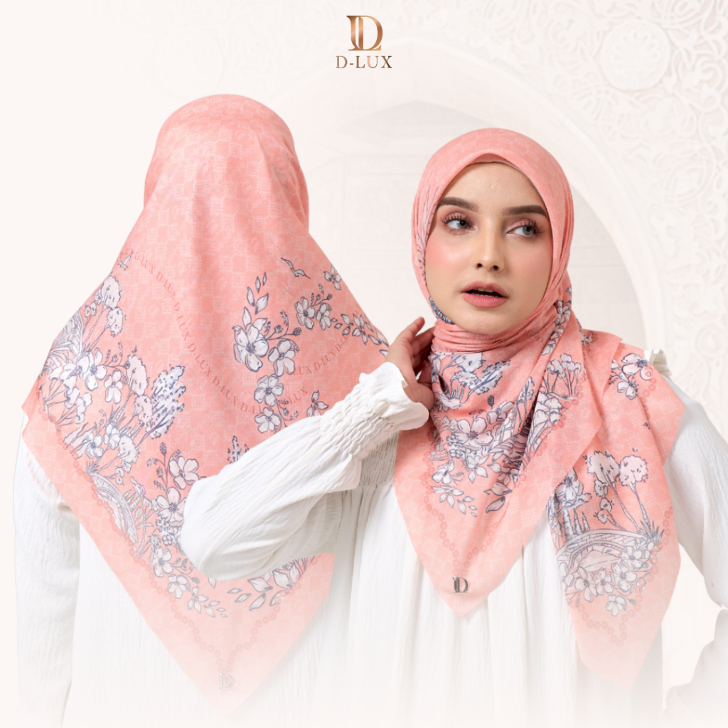 Jilbab Segi Empat Motif Teduh Series Peach by Dlux Hijab Voal
