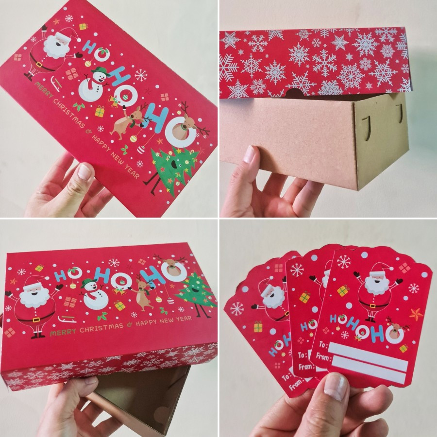 

( 5 Pcs ) Box Hampers Christmas Dus Packaging Natal Motif Ho Ho Ho Muat 3 Toples Persegi Panjang 350gr