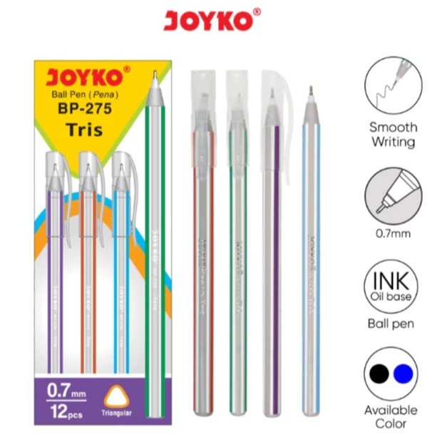 

( DAPAT 12 PCS / 1 PAK ) BOLPEN JOYKO TRIS BP-275 / Pulpen Bolpoin Joyko Tris BP-275 0.7 mm