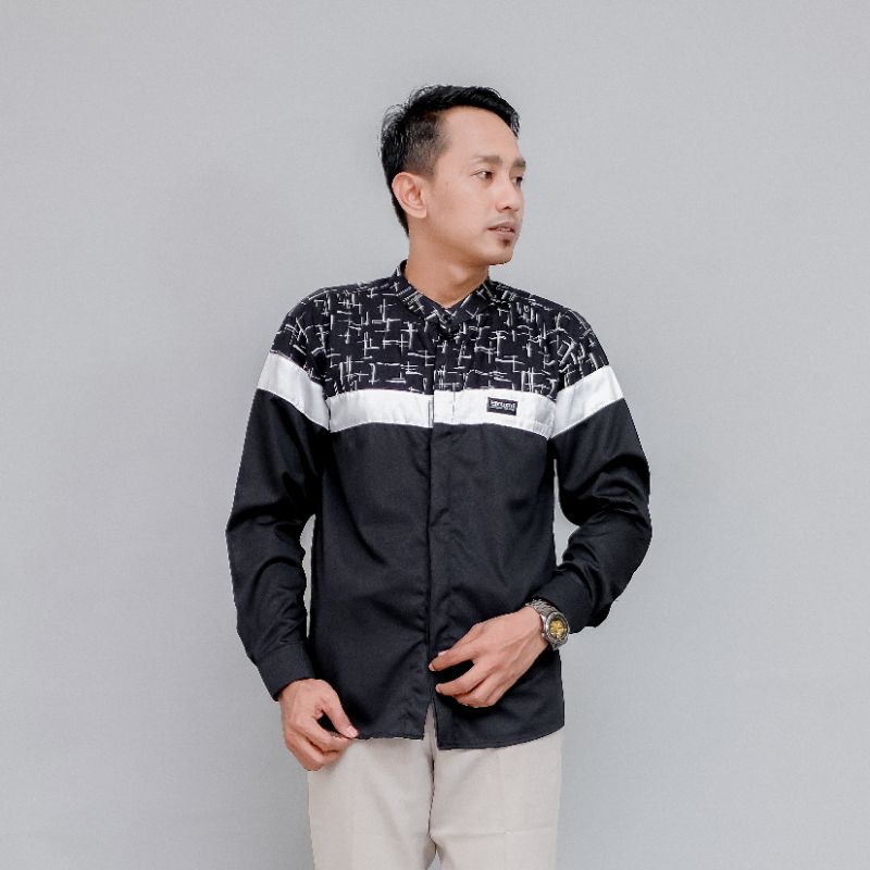 Kemeja Koko Elrumi Baju Muslim Pria Dewasa Lengan Panjang Kombinasi Batik Motif Senopati