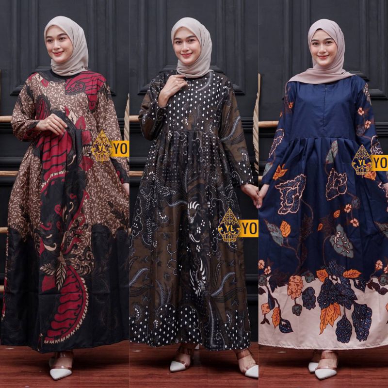 Gamis Batik Wanita Modern Kekinian Resleting Depan Busui Friendly Jumbo LD 120 Tali Samping Gamis Ba