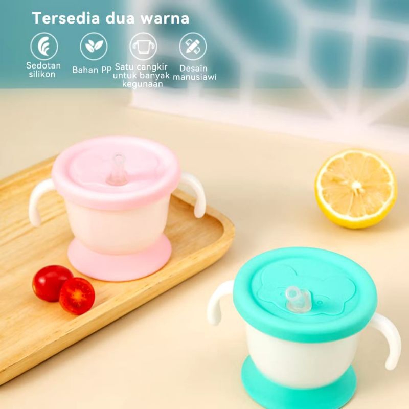 Gelas Minum Anak Bayi Anti Tumpah  - Gelas Cangkir Mug Silikon Dengan Sedotan