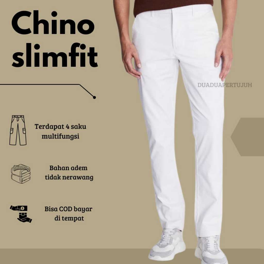 Duaduapertujuh - Celana Chino Panjang Pria  Panjang 100cm Putih  Slimfit - Celana Panjang Pria -  Ce