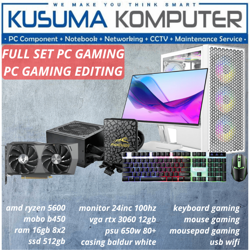 Full Set PC Gaming Wukong AMD Ryzen 5600 RTX 3060 12GB Monitor 24" Keyboard Mouse