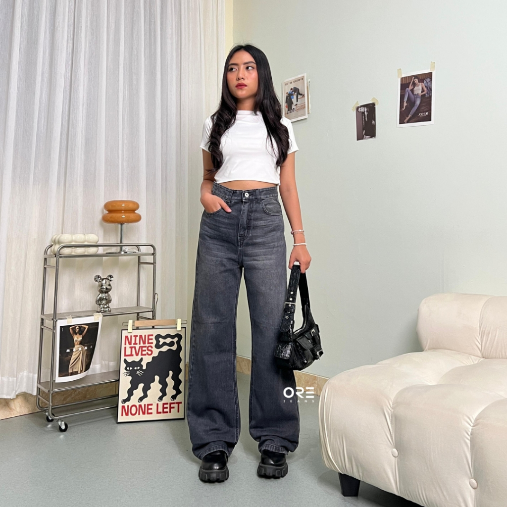 ORE - Celana Kulot Kama Baggy Jeans Highwaist Overlong Black Wash / Size 27-34