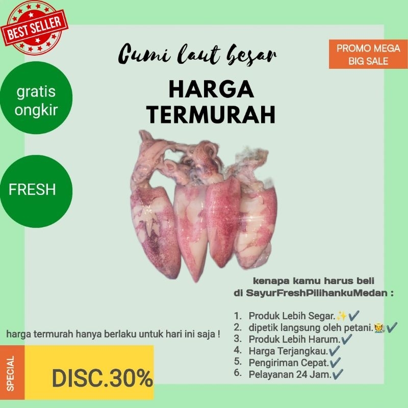 

promo cumi laut segar harga termurah fresh & baru| belanja tiap hari |tersedia berbagai ukuran asli dipanen langsung oleh nelayan
