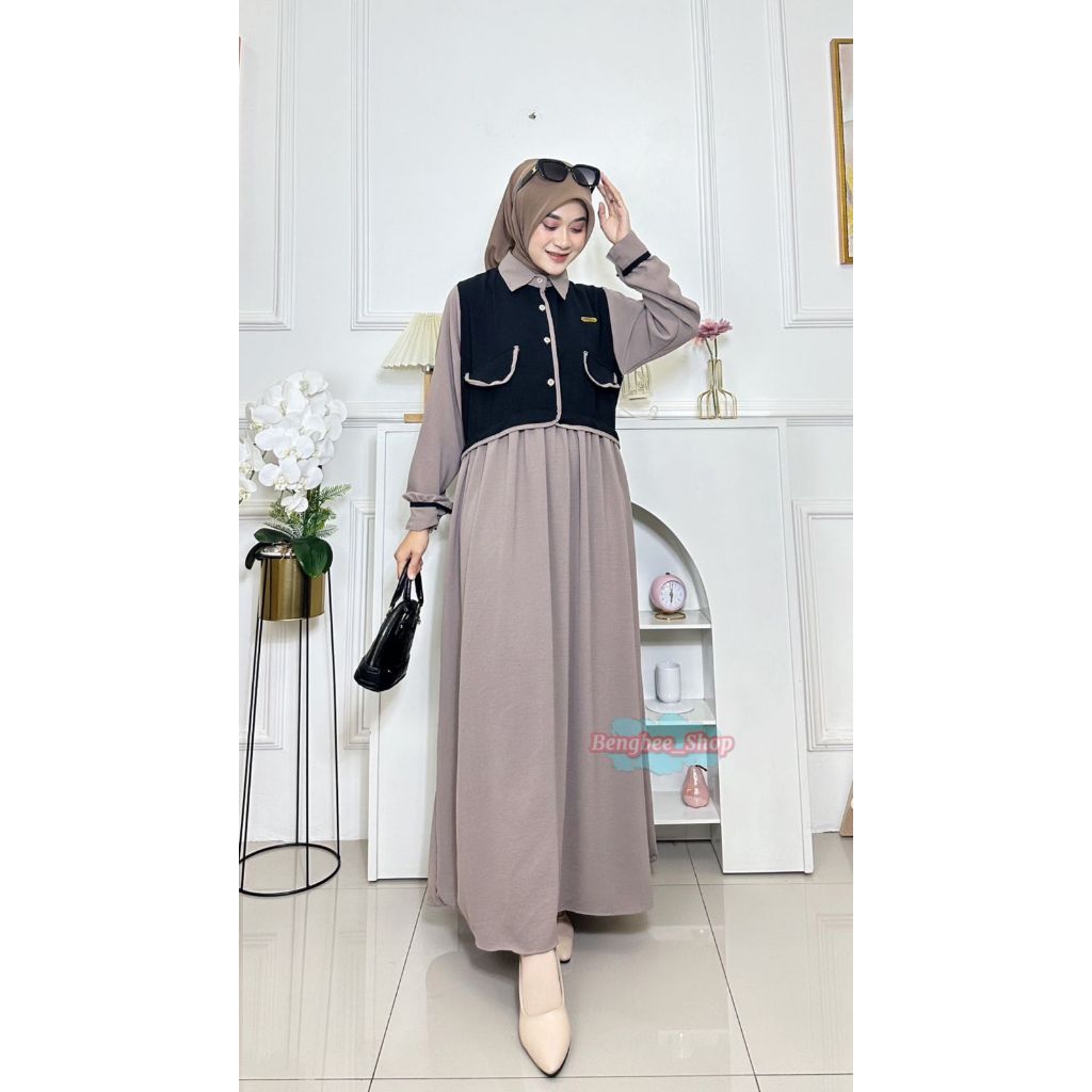 ￼Gamis Yolanda 2in1 Set Rompi Crincle Premium | Gamis Muslimah Vest Korean Style Terbaru 2024 Terlar