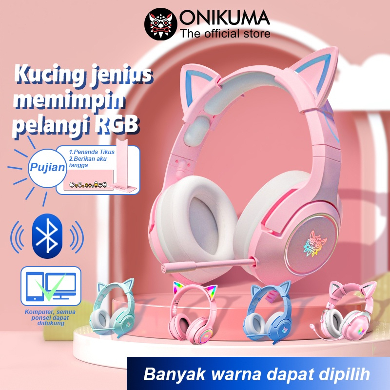 ONIKUMA K9 Telpon permainan profesional telinga kucing comel mikrofon pengurangan suara ringan RGB