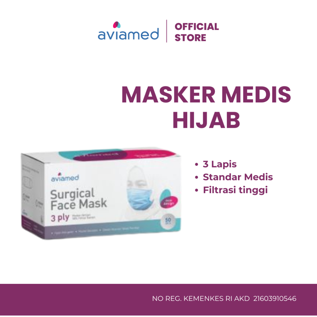 Aviamed Masker Hijab Medis 3ply Headloop Surgical Mask 50 Pcs