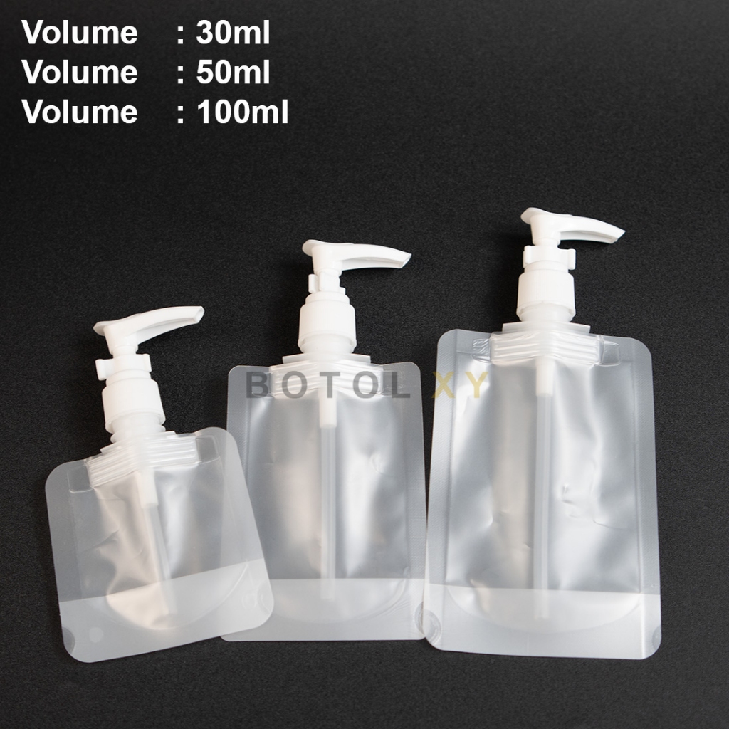 Botol Pouch Pump Tempat Sabun Traveling Kantong Shower Gel + Nozzle Pump