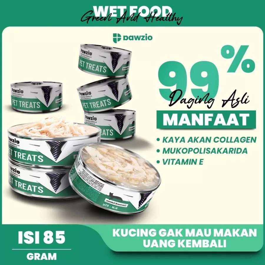 PAWZIO WETFOOD Dengan suwiran daging dada ayam asli, potongan ikan tuna,salmon, ikan kod asli, dan s