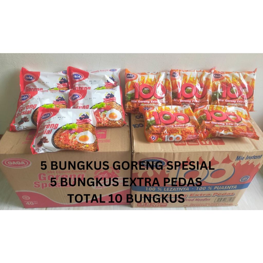 

Paket 10 bungkus Mie Goreng : 5 Bungkus Mie Gaga Goreng Spesial dan 5 Bungkus Extra Pedas Goreng