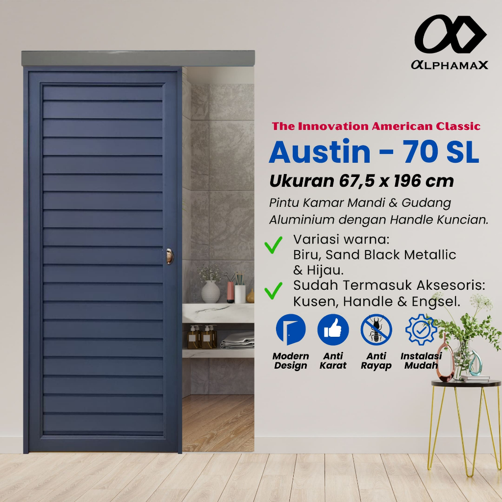 Pintu Aluminium Pintu Rumah Pintu Kamar Mandi Pintu Gudang Sliding Geser Alphamax Austin - 70 SL 67,