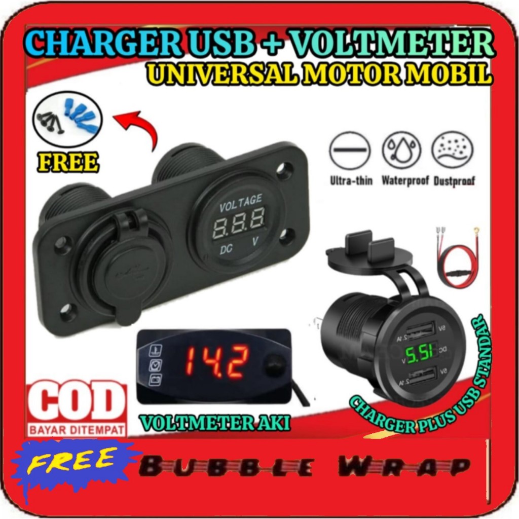 Voltmeter Aki Motor Digital + Chager Usb Universal Motor Mobil