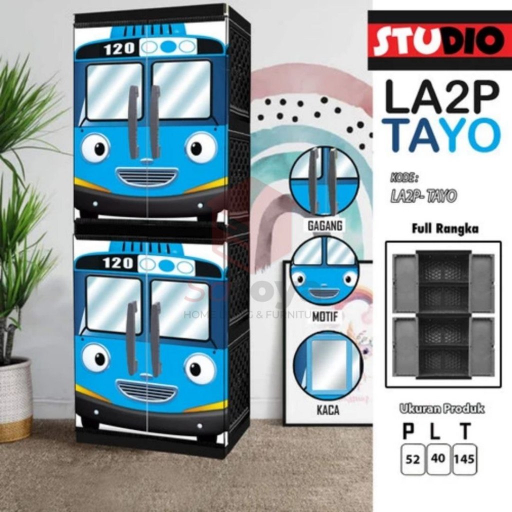 Lemari plastik 2 susun motif kartun lemari anak di lengkapi cermin dan kunci | termurah diskon COD