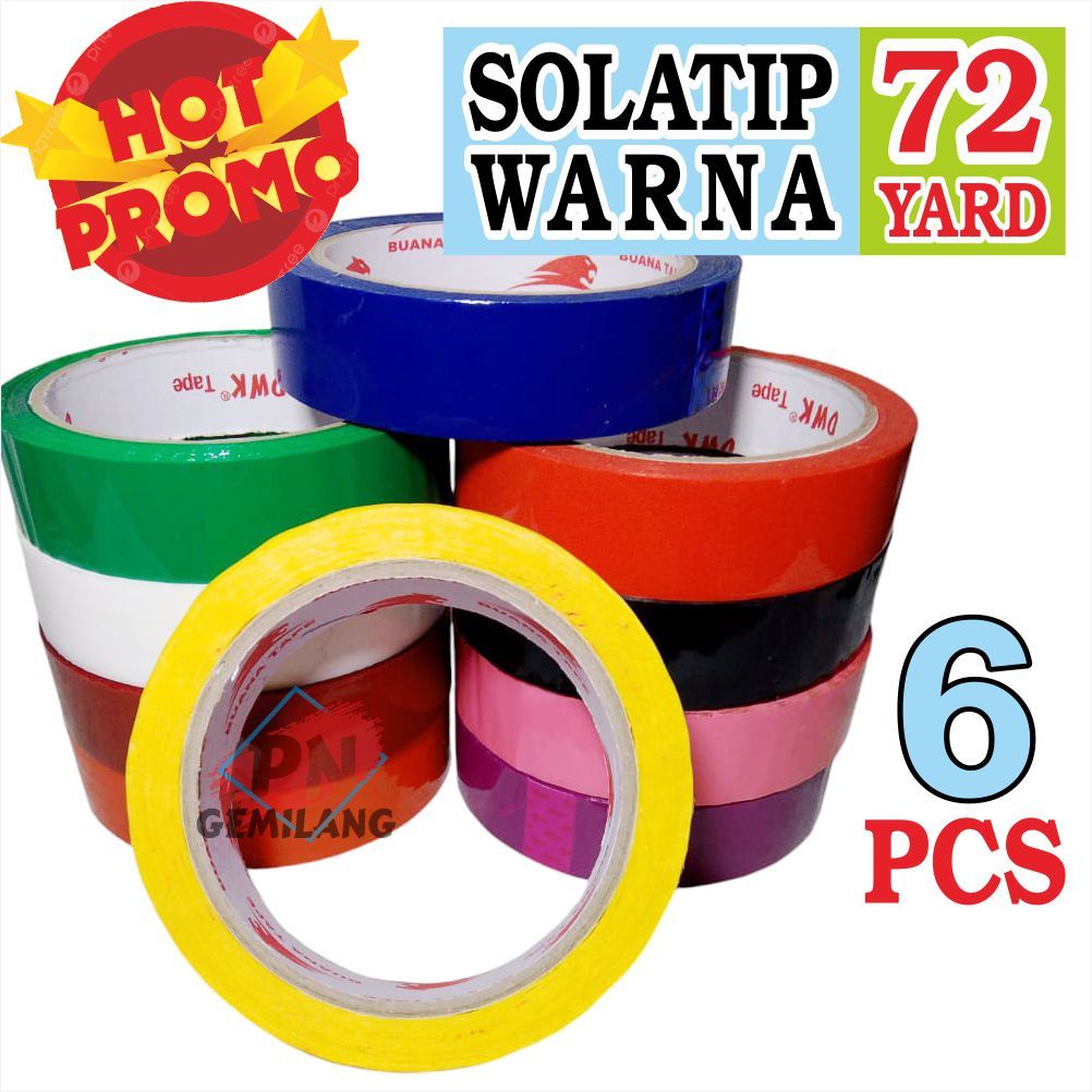 

LAKBAN WARNA 24mm / 1 inch X72 yard, SOLATIP WARNA KUNING,HIJAU,PUTIH,PINK,MERAH,HITAM,BIRU,