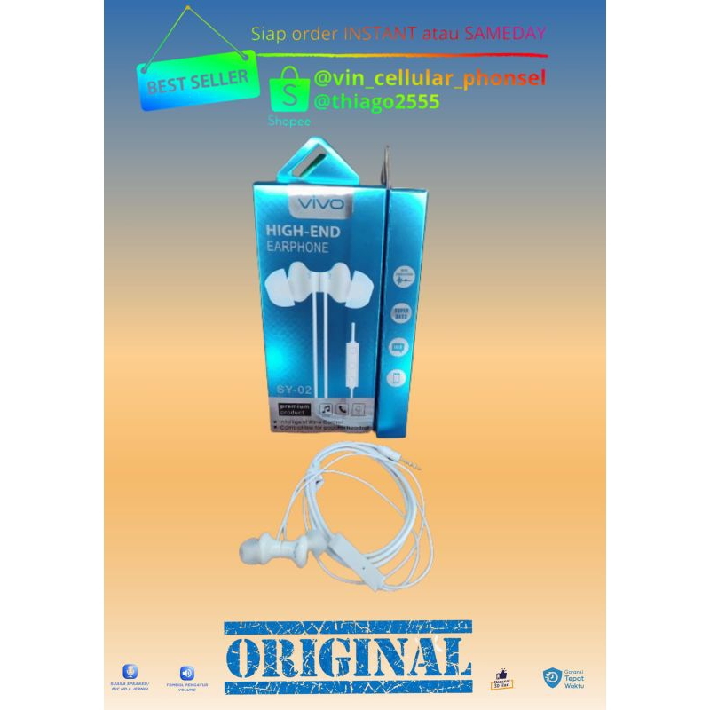 Headset Vivo Original Henset vivo Y27s Hedset Vivo Earphone vivo Y20s Hansfree vivo stereo Henset Vi