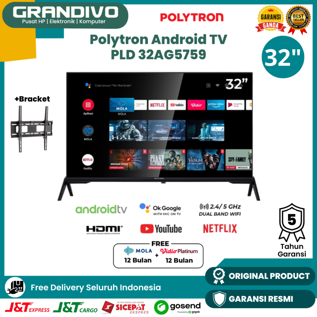 TV Polytron Android TV 32Inch PLD 32AG5759 Support Google Assistant Bluetooth Remot Frameless - Gran