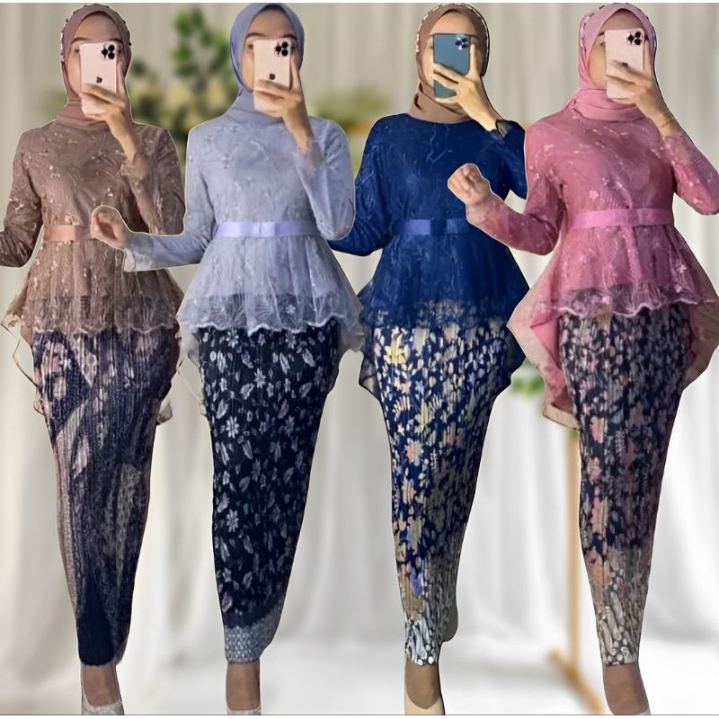 Atasan Kebaya Brokat Modern Set Baju Kebaya Kondangan Aurora Tille Mix Rok Plisket Batik