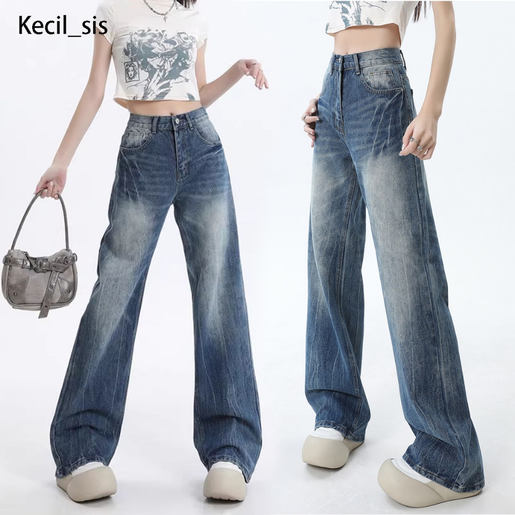 Tekstur Petir Celana Straight Jeans Wanita Celana Jeans Panjang Wanita Celana Jeans High waist Celan