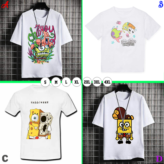 White Tshirt Spongebob T-SHIRT Bahan 100% Cotton White | Casual T-SHIRT Size S M L XL XXL 3XL 4XL | 
