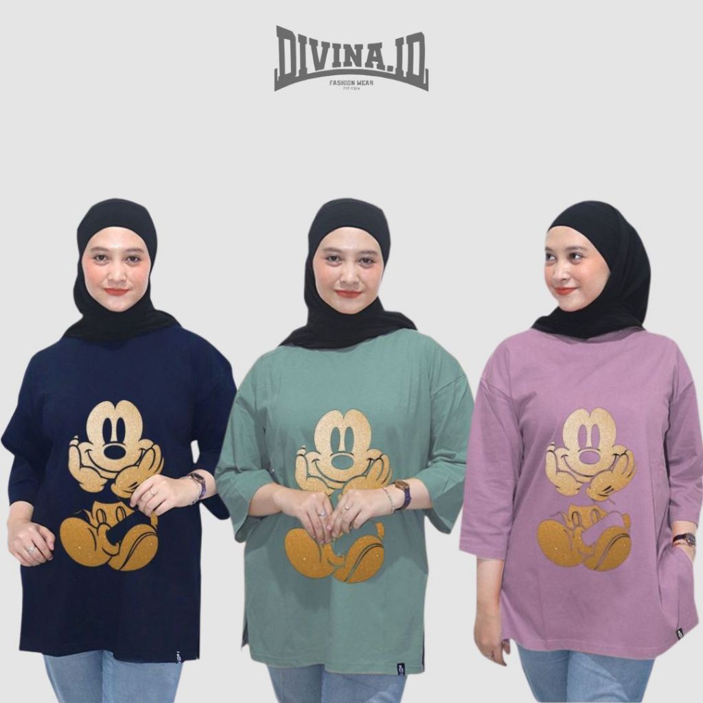 Kaos Atasan Wanita Oversize Vamel Motif Mickey Gold Lengan 7/8 Bahan Katun Combed 20's Adem Nyaman D