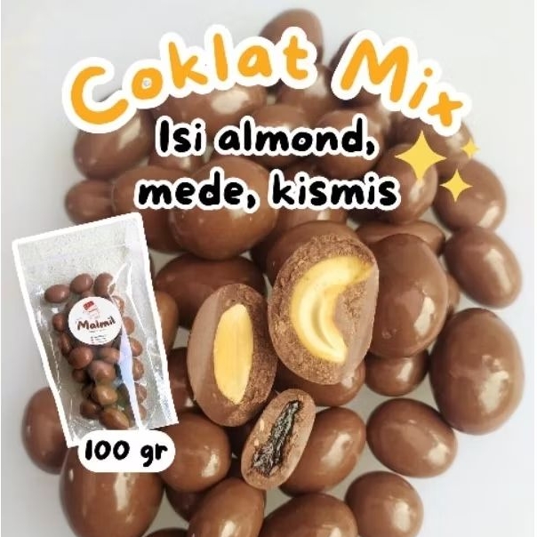 

Coklat Butir Mix Isi Almond Mede Kismis Lezat Scandia Assortmen kemasan 100 gr malmil coklat